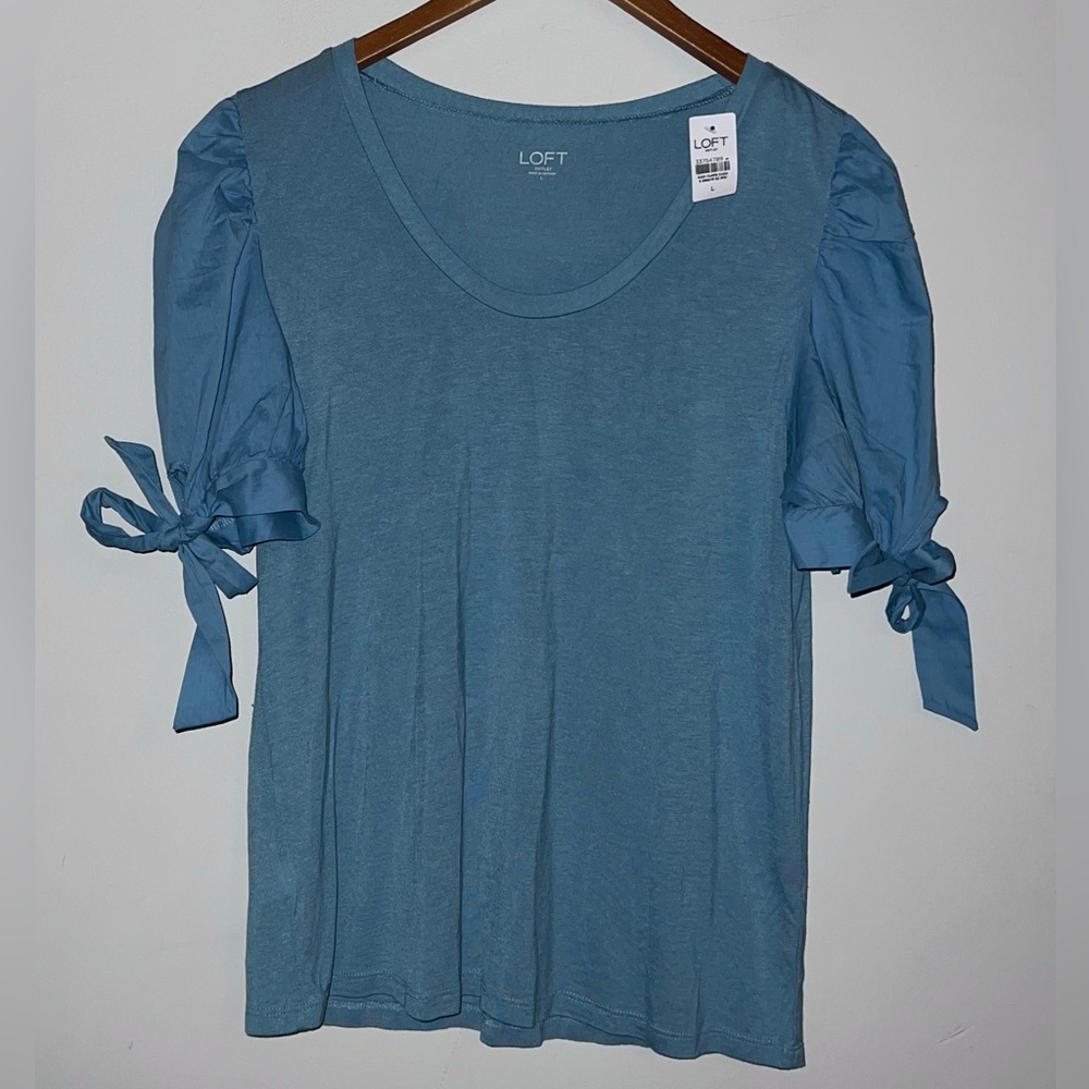 Ann Taylor Loft NEW Blue Puff Tie Sleeves Tee Top Sz L